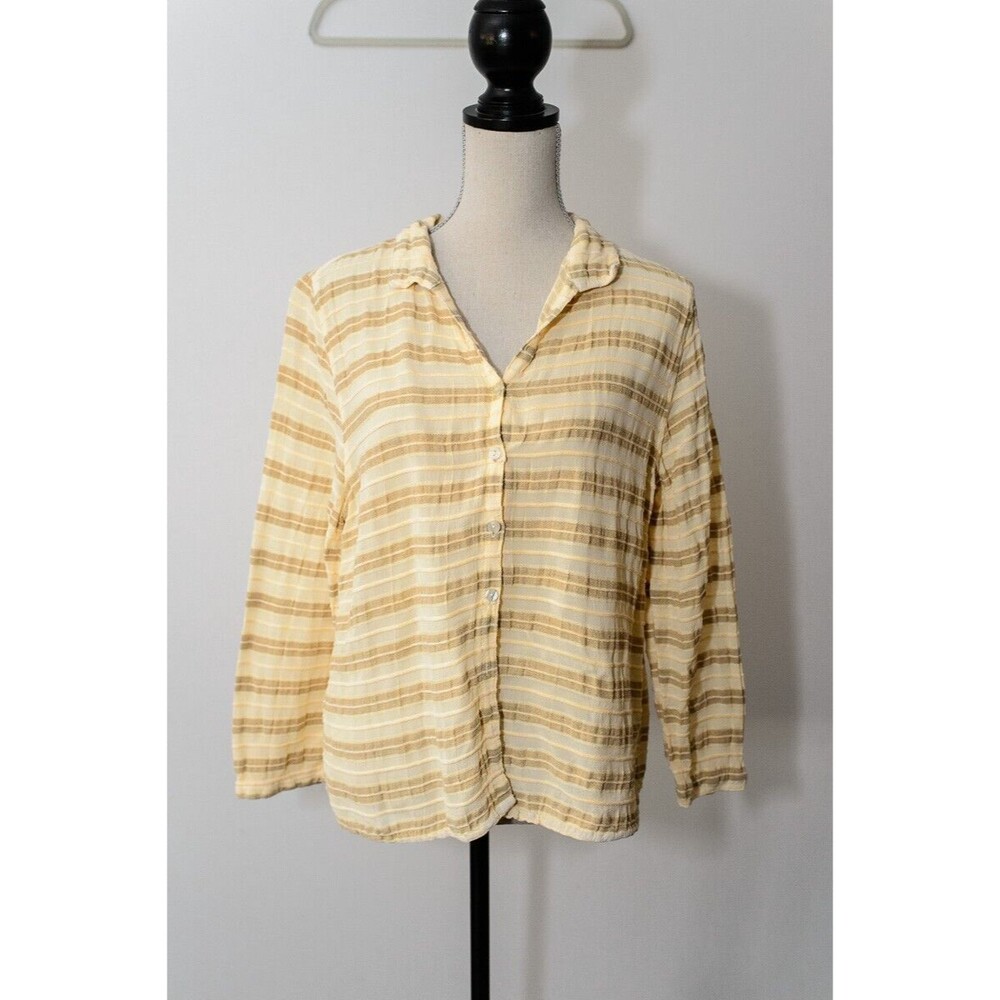 Fresh Produce Shirt Women Medium Yellow Button Down Linen Striped Preppy USA
